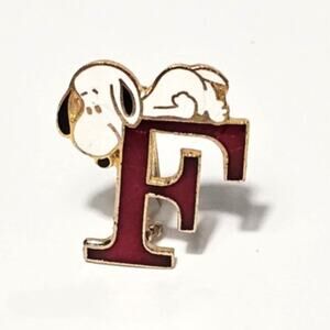 Vintage Snoopy Peanuts Enamel Pin Brooch Letter F Color Red